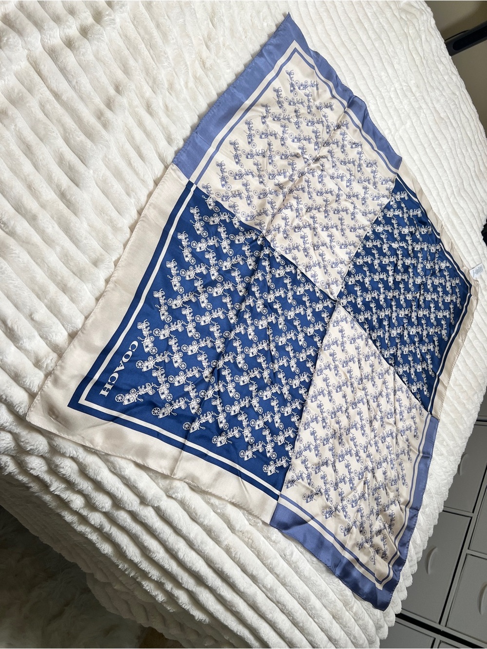 Coach Blue and Cream Signature Pattern Silk Scarf